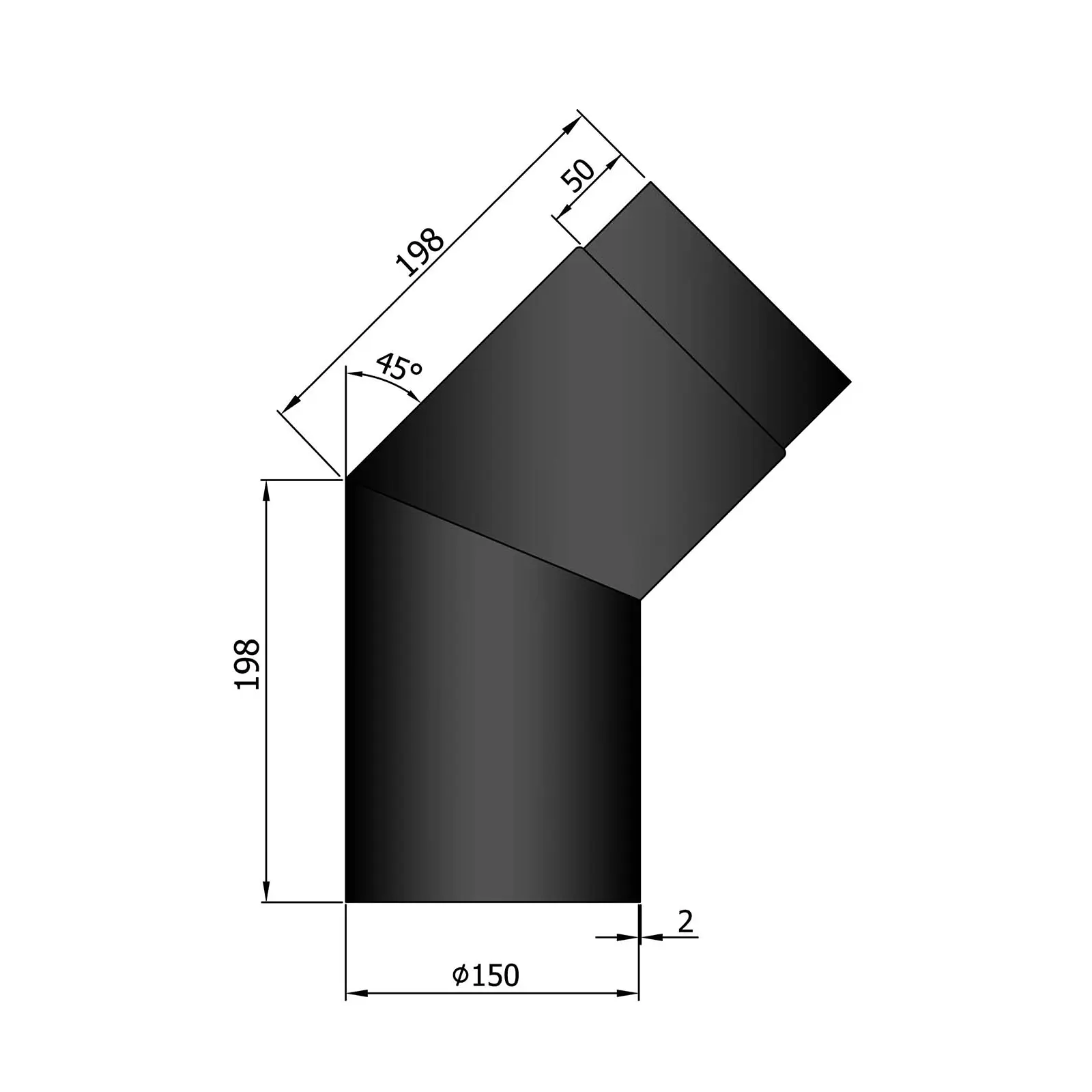 Rauchrohr 150 mm Durchmesser lackiert Bogen 45 Grad