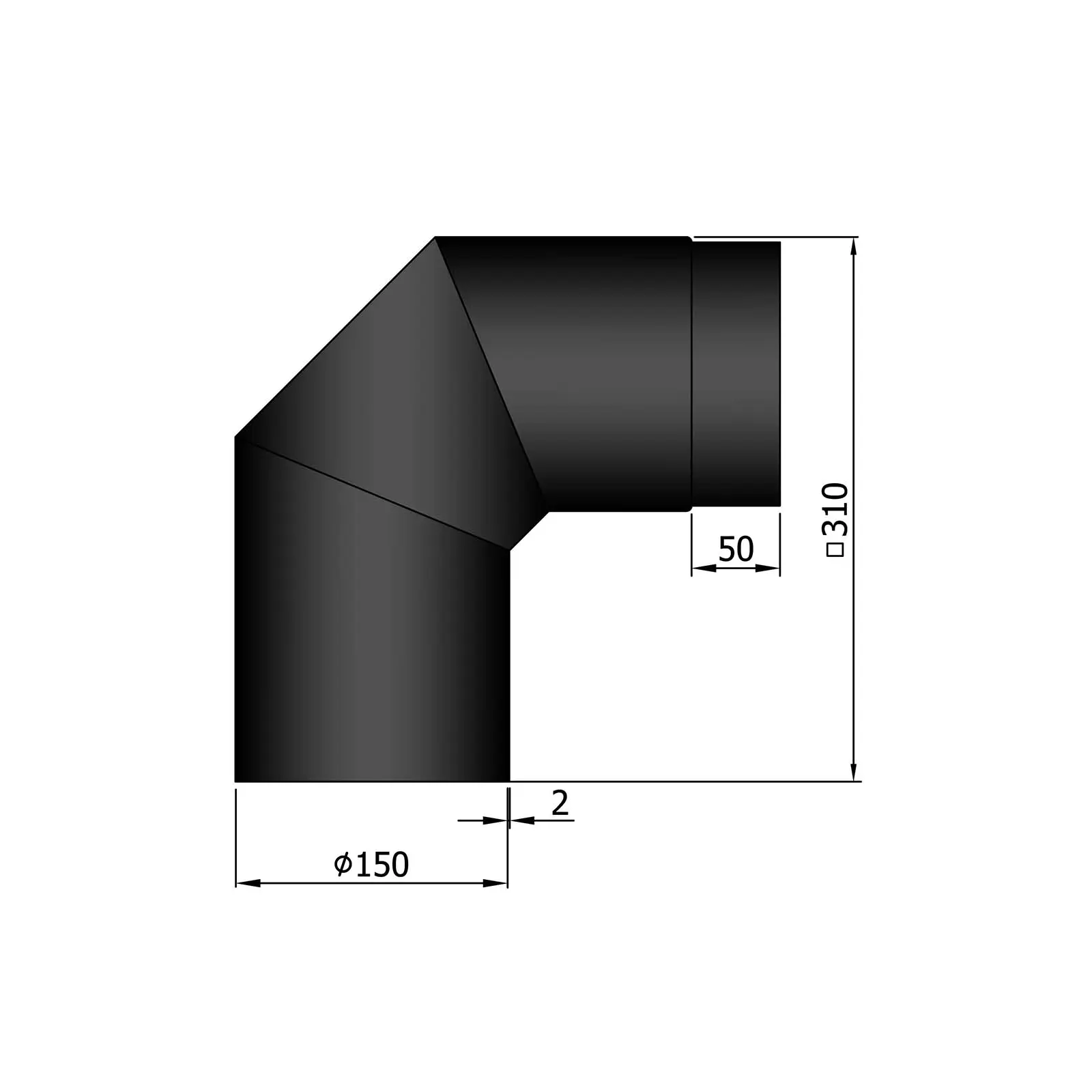 Rauchrohr 150 mm Durchmesser lackiert Segmentbogen 90 Grad