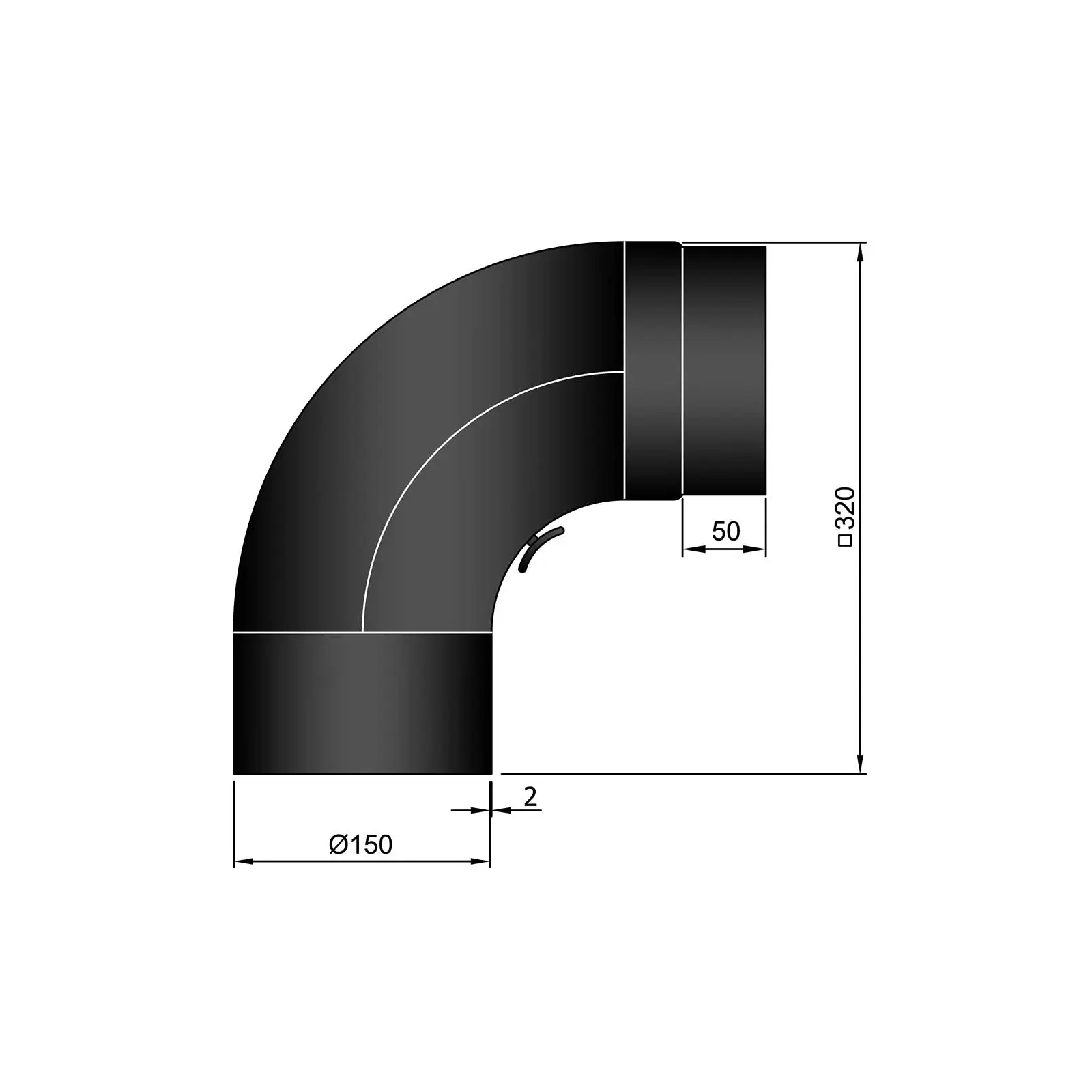 Rauchrohr 150 mm Durchmesser lackiert Bogen 90 Grad Fullform rund