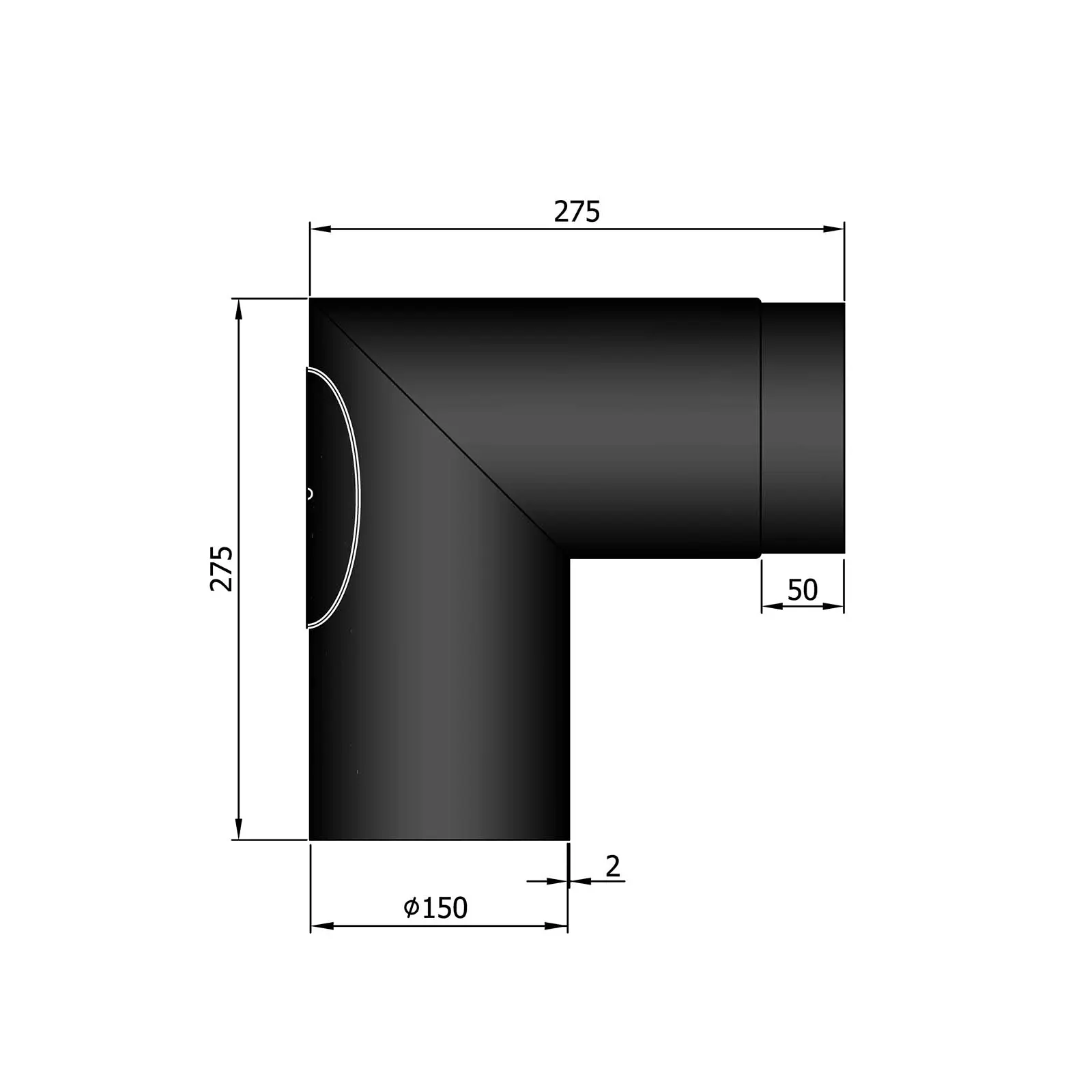 Rauchrohr 150 mm Durchmesser lackiert Bogen 90 Grad mit Tür